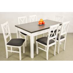Kolorystyka na zdjęciu:
• stół: biały/blat grafit
• krzesło: białe/obicie nr 11