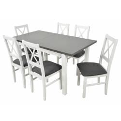 Kolorystyka na zdjęciu:
• stół: biały/blat grafit
• krzesło: białe/obicie nr 11