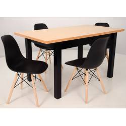 krzesło: siedzisko czarne/nogi buk, stół:podstawa czarna/blat buk: