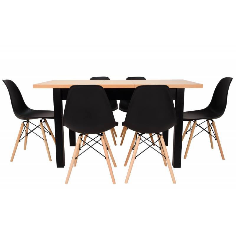 krzesło: siedzisko czarne/nogi buk, stół:podstawa czarna/blat buk: