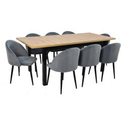 Stół rozkładany MD-2 90x160/200 DĄB ARTISAN  + 8 krzeseł IK-01 Szary Welur