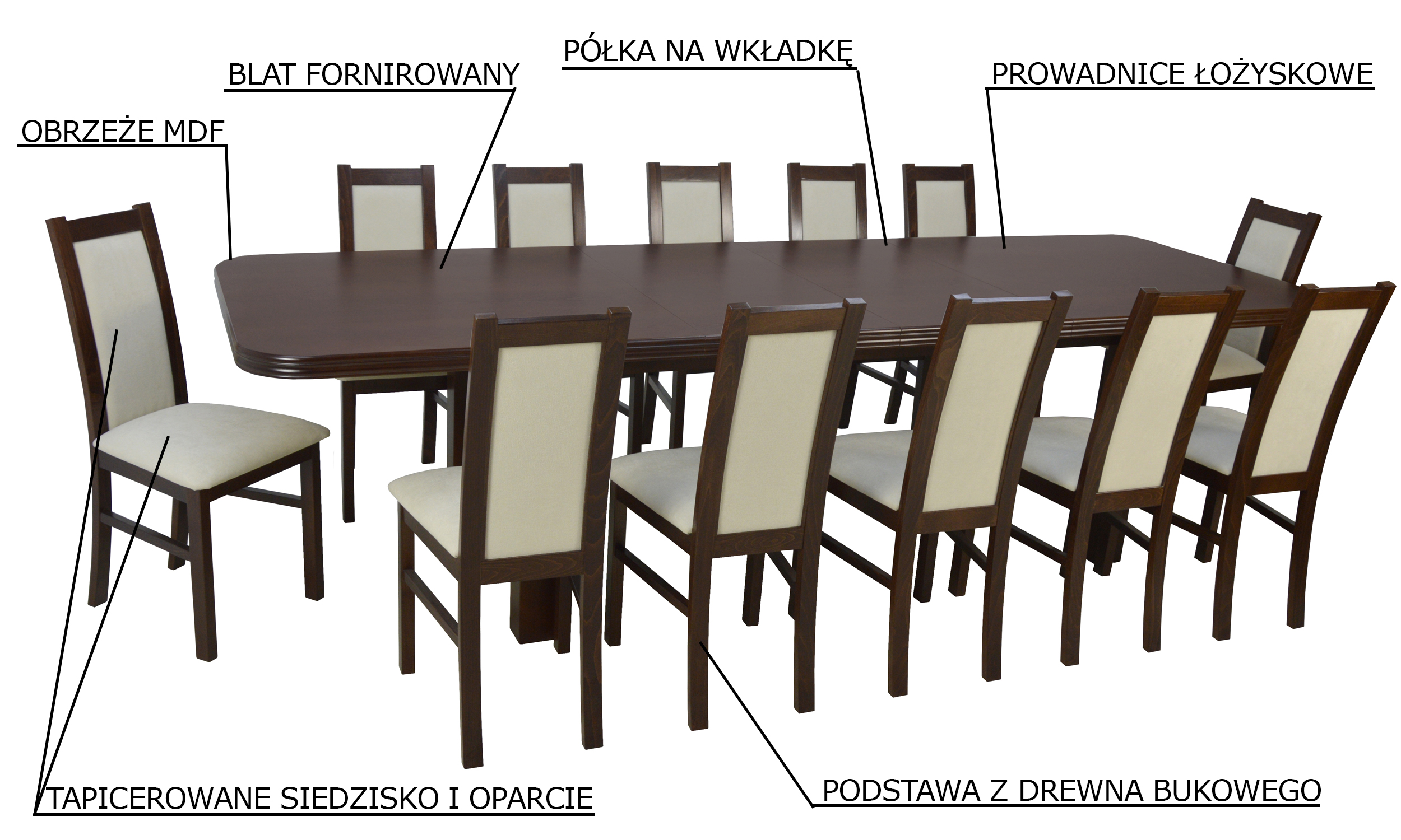 Zestaw z 12 krzesłami i dużym rozkładanym stołem 100x200300 cm Duży stół 100x200300 krzesła do jadalni promocja Zdjęcie